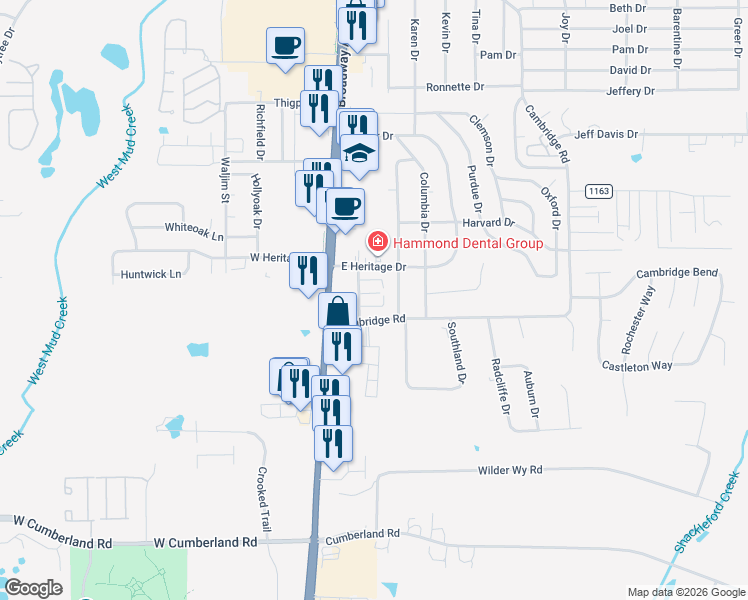 map of restaurants, bars, coffee shops, grocery stores, and more near 213 Heritage Circle in Tyler