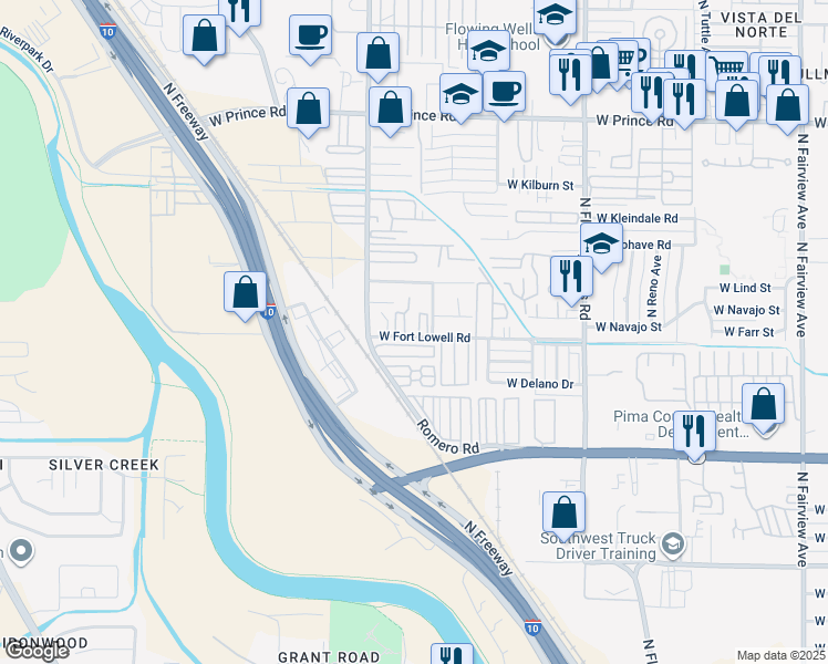 map of restaurants, bars, coffee shops, grocery stores, and more near 1730 West Fort Lowell Road in Tucson