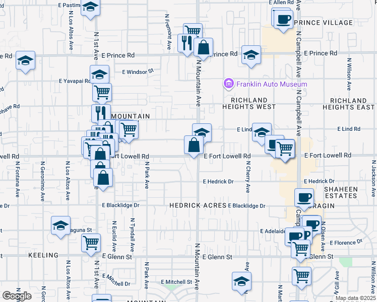 map of restaurants, bars, coffee shops, grocery stores, and more near 1235 East Fort Lowell Road in Tucson