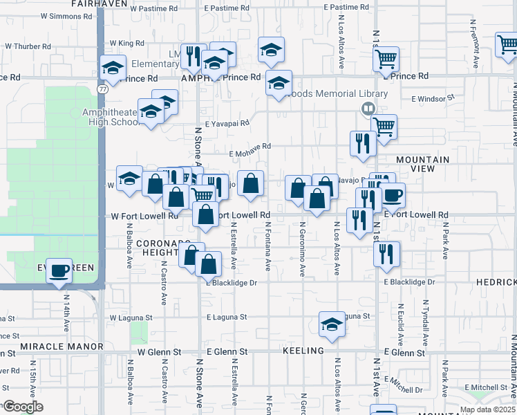 map of restaurants, bars, coffee shops, grocery stores, and more near 215 East Fort Lowell Road in Tucson