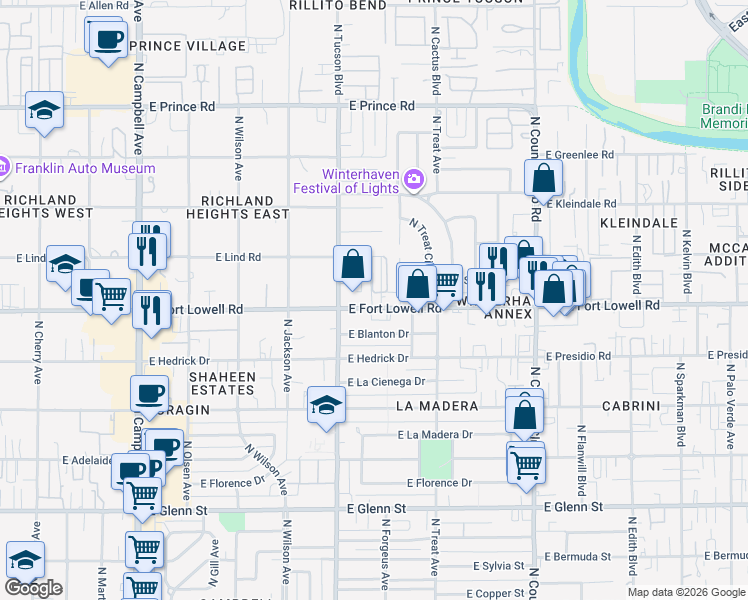 map of restaurants, bars, coffee shops, grocery stores, and more near 2545 East Fort Lowell Road in Tucson