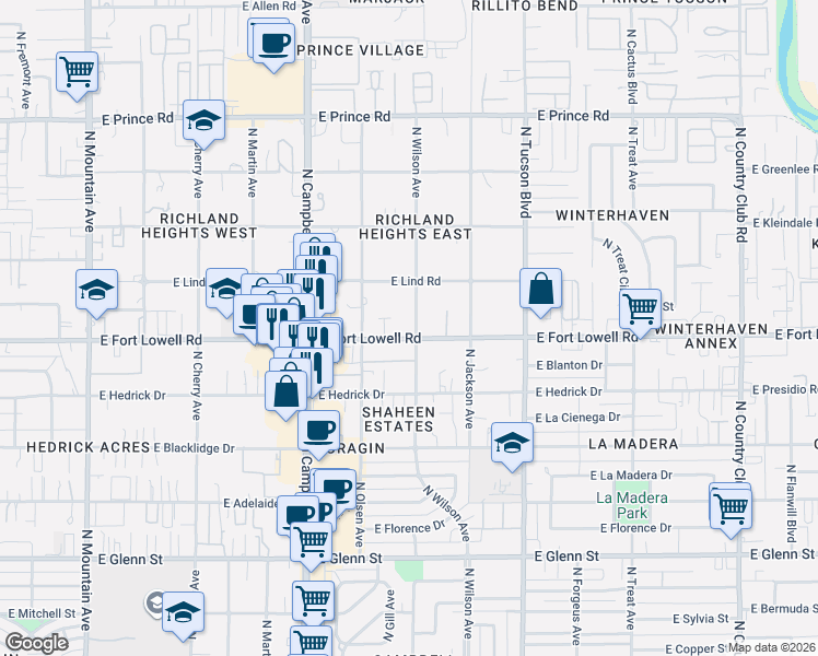 map of restaurants, bars, coffee shops, grocery stores, and more near in Tucson