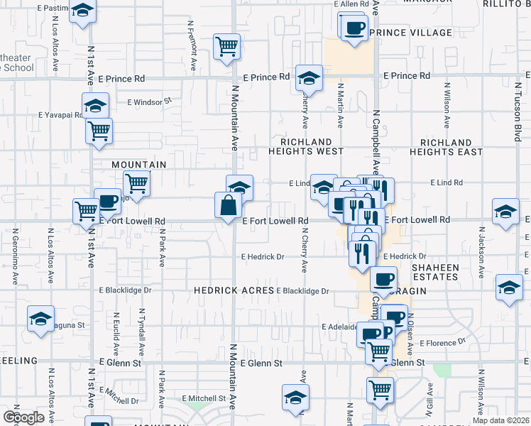 map of restaurants, bars, coffee shops, grocery stores, and more near 1357 East Fort Lowell Road in Tucson