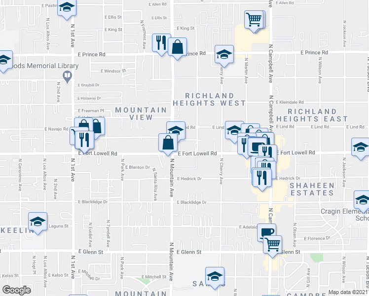 map of restaurants, bars, coffee shops, grocery stores, and more near in Tucson
