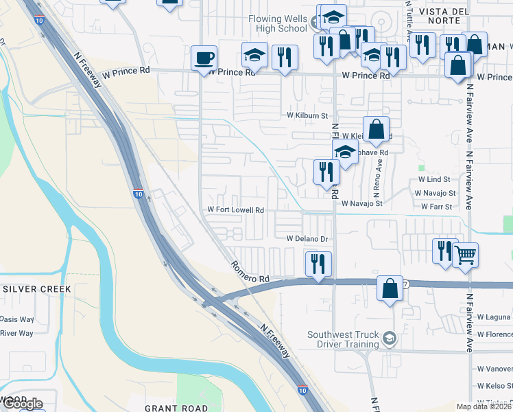 map of restaurants, bars, coffee shops, grocery stores, and more near 1622 West Fort Lowell Road in Tucson
