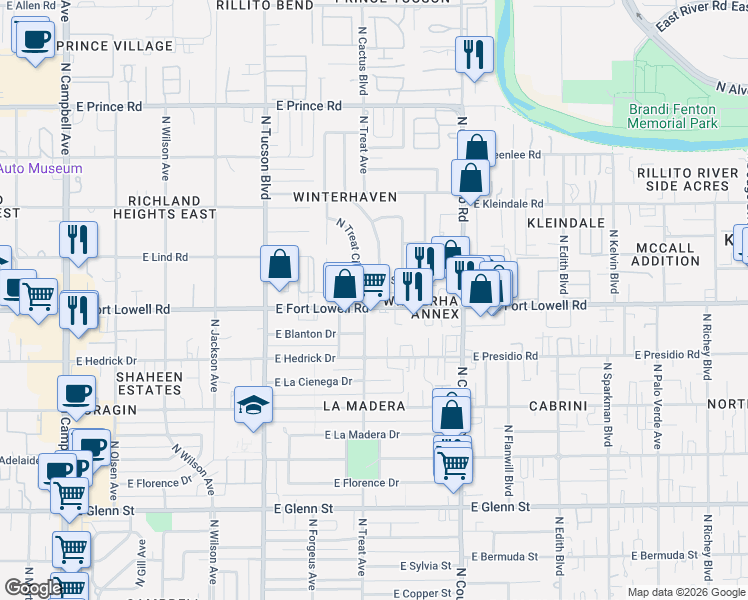 map of restaurants, bars, coffee shops, grocery stores, and more near 2713 East Fort Lowell Road in Tucson