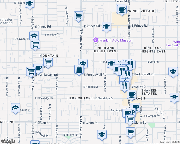 map of restaurants, bars, coffee shops, grocery stores, and more near 1357 East Fort Lowell Road in Tucson