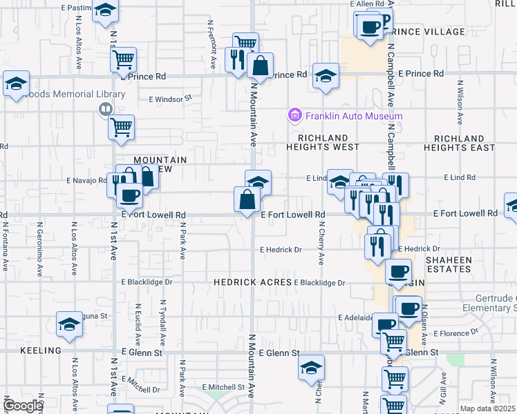 map of restaurants, bars, coffee shops, grocery stores, and more near 1301 East Fort Lowell Road in Tucson