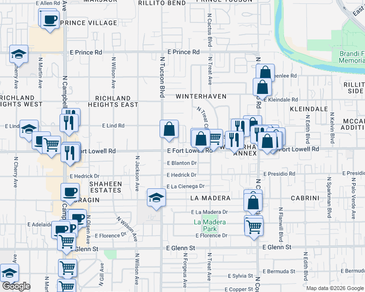 map of restaurants, bars, coffee shops, grocery stores, and more near 2545 East Fort Lowell Road in Tucson