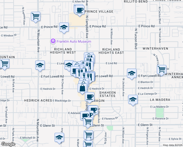 map of restaurants, bars, coffee shops, grocery stores, and more near 1919 East Fort Lowell Road in Tucson