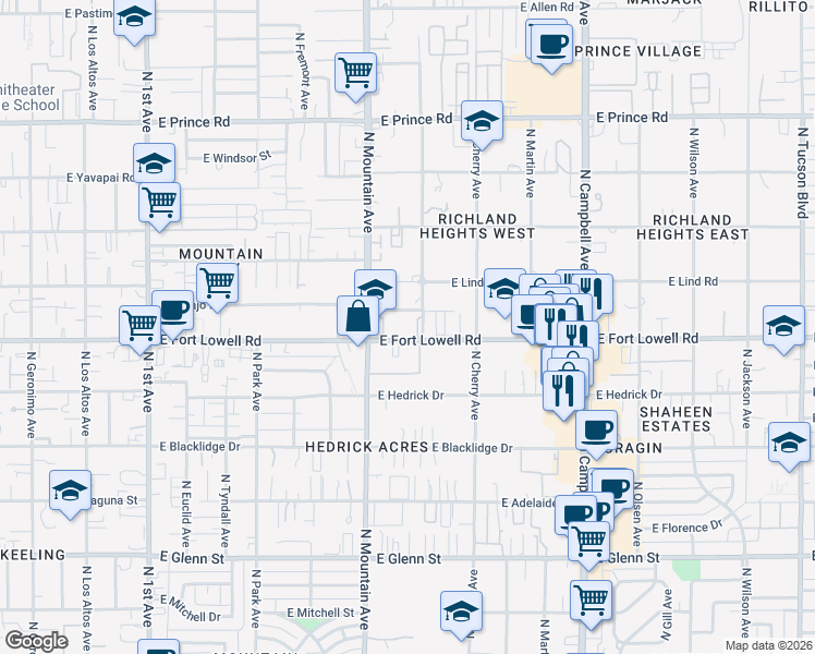 map of restaurants, bars, coffee shops, grocery stores, and more near 1357 East Fort Lowell Road in Tucson