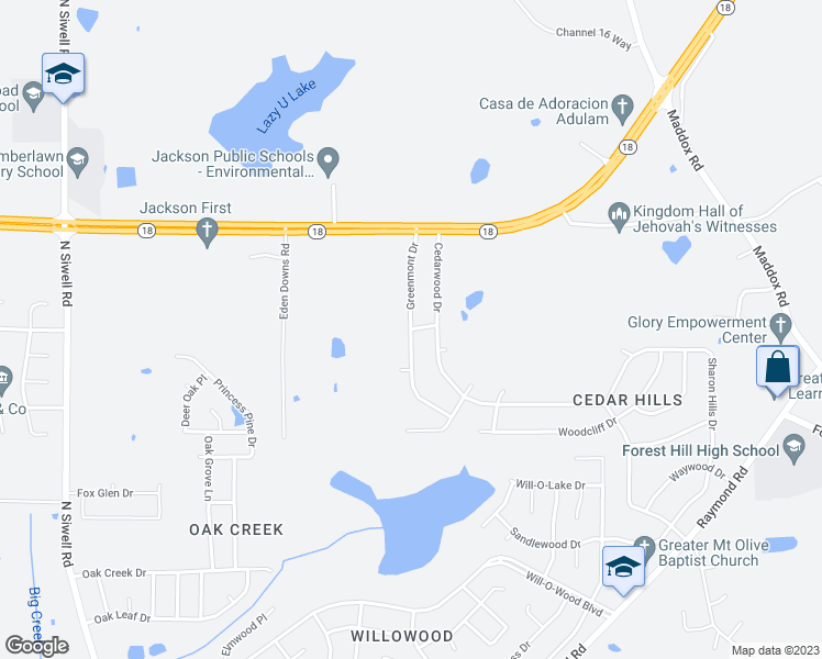 map of restaurants, bars, coffee shops, grocery stores, and more near Greenmont Drive in Jackson