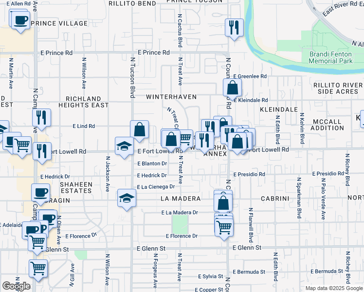 map of restaurants, bars, coffee shops, grocery stores, and more near 2713 East Fort Lowell Road in Tucson