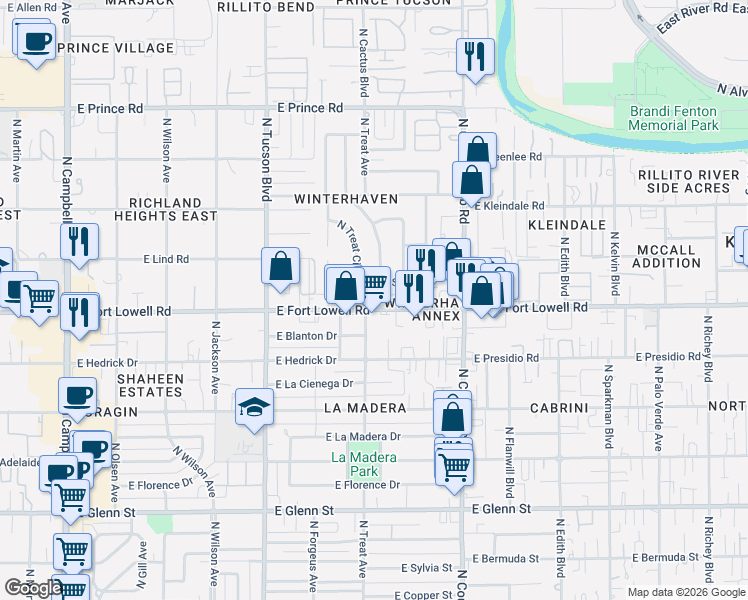 map of restaurants, bars, coffee shops, grocery stores, and more near 2713 East Fort Lowell Road in Tucson