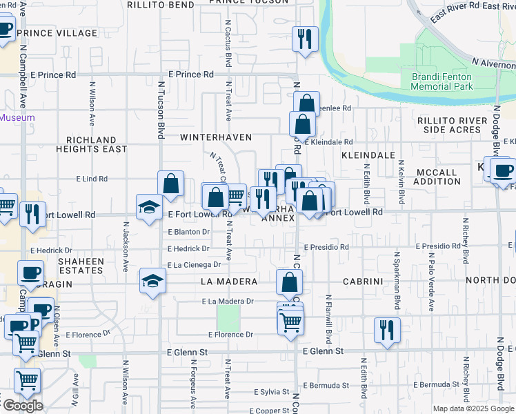 map of restaurants, bars, coffee shops, grocery stores, and more near in Tucson