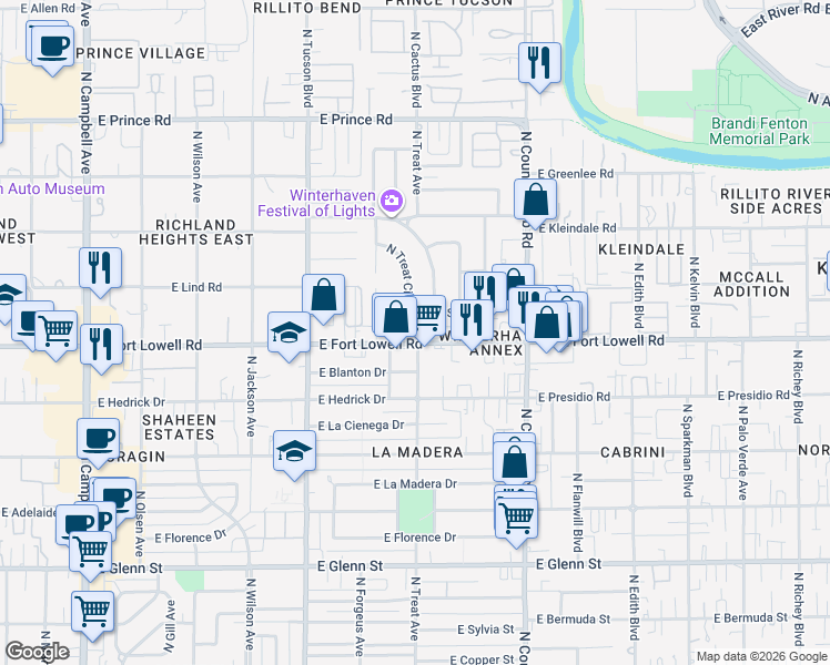map of restaurants, bars, coffee shops, grocery stores, and more near 2713 East Fort Lowell Road in Tucson