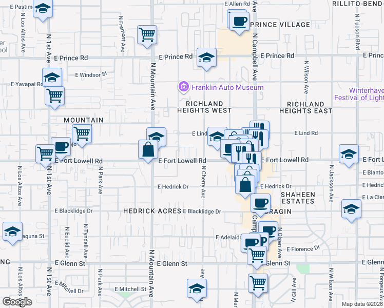 map of restaurants, bars, coffee shops, grocery stores, and more near 1517 East Fort Lowell Road in Tucson