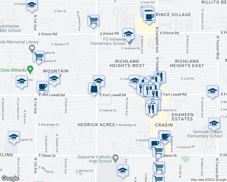 map of restaurants, bars, coffee shops, grocery stores, and more near 1405 East Fort Lowell Road in Tucson