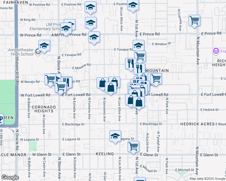 map of restaurants, bars, coffee shops, grocery stores, and more near 447 East Fort Lowell Road in Tucson