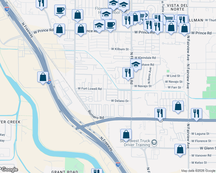 map of restaurants, bars, coffee shops, grocery stores, and more near 1538 West Fort Lowell Road in Tucson