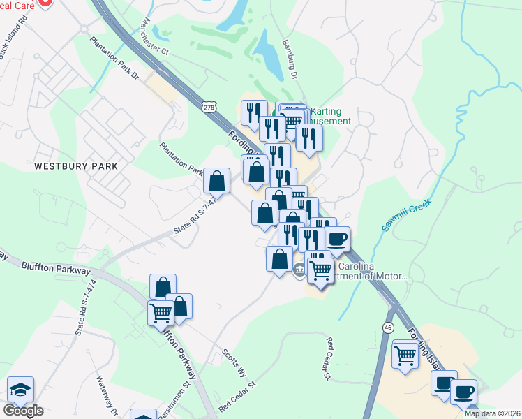 map of restaurants, bars, coffee shops, grocery stores, and more near 1-35 Pennington Dr in Bluffton