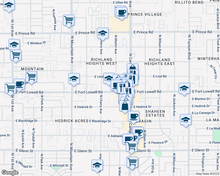 map of restaurants, bars, coffee shops, grocery stores, and more near 1695 East Fort Lowell Road in Tucson