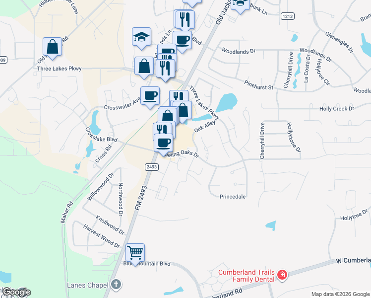 map of restaurants, bars, coffee shops, grocery stores, and more near 2176 Dueling Oaks Drive in Tyler