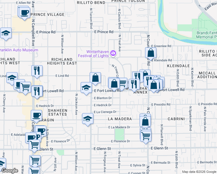 map of restaurants, bars, coffee shops, grocery stores, and more near 2607 East Fort Lowell Road in Tucson