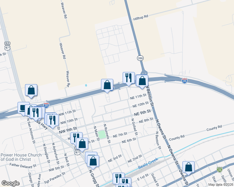 map of restaurants, bars, coffee shops, grocery stores, and more near 1101-1111 North Nolan Street in Big Spring