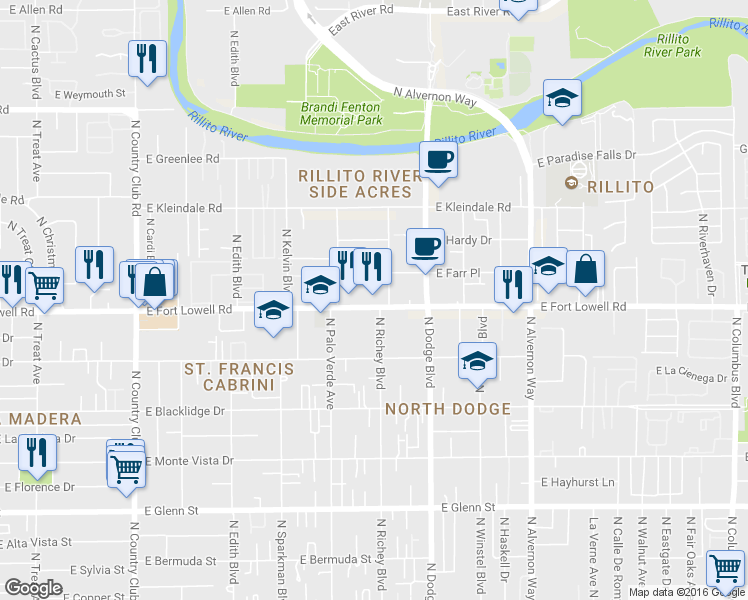 map of restaurants, bars, coffee shops, grocery stores, and more near 3535 East Fort Lowell Road in Tucson