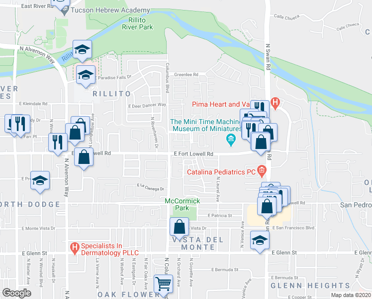 map of restaurants, bars, coffee shops, grocery stores, and more near 4354 East Fort Lowell Road in Tucson