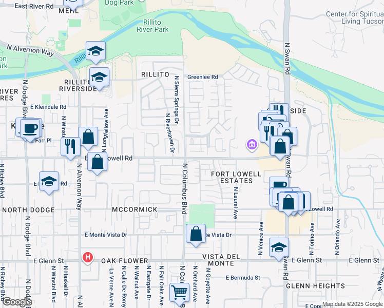 map of restaurants, bars, coffee shops, grocery stores, and more near 3401 North Columbus Boulevard in Tucson