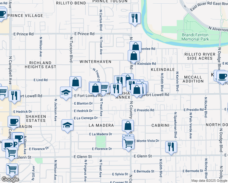 map of restaurants, bars, coffee shops, grocery stores, and more near in Tucson