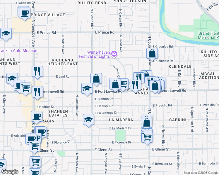 map of restaurants, bars, coffee shops, grocery stores, and more near 2607 East Fort Lowell Road in Tucson