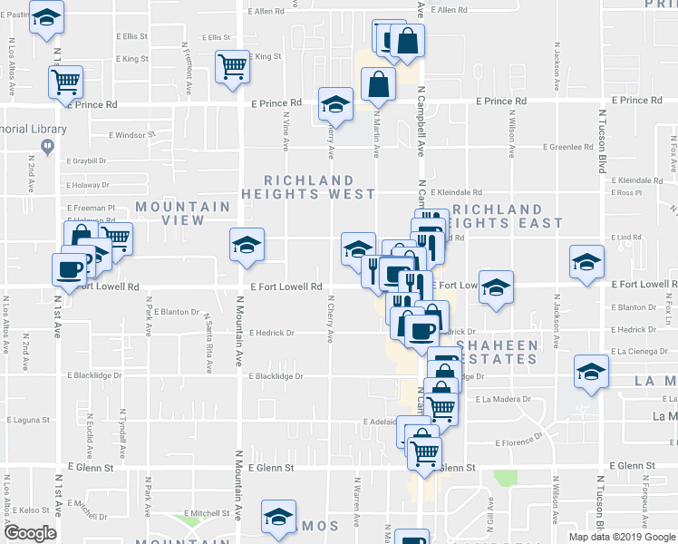 map of restaurants, bars, coffee shops, grocery stores, and more near 3204 North Cherry Avenue in Tucson