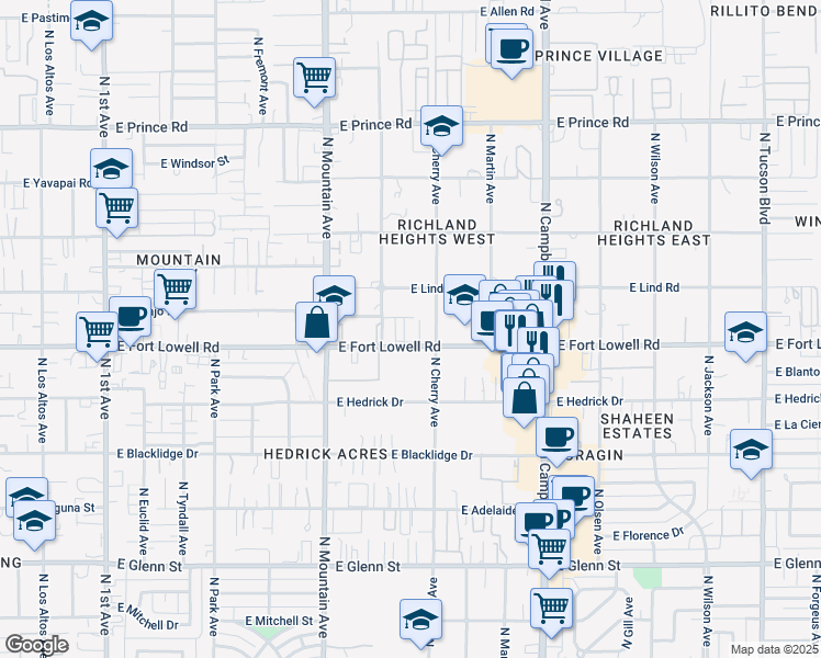 map of restaurants, bars, coffee shops, grocery stores, and more near 1517 East Fort Lowell Road in Tucson
