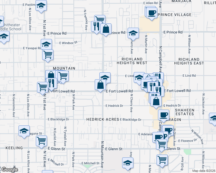 map of restaurants, bars, coffee shops, grocery stores, and more near in Tucson