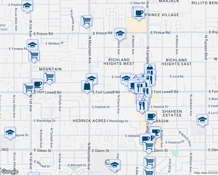 map of restaurants, bars, coffee shops, grocery stores, and more near 1435 East Fort Lowell Road in Tucson