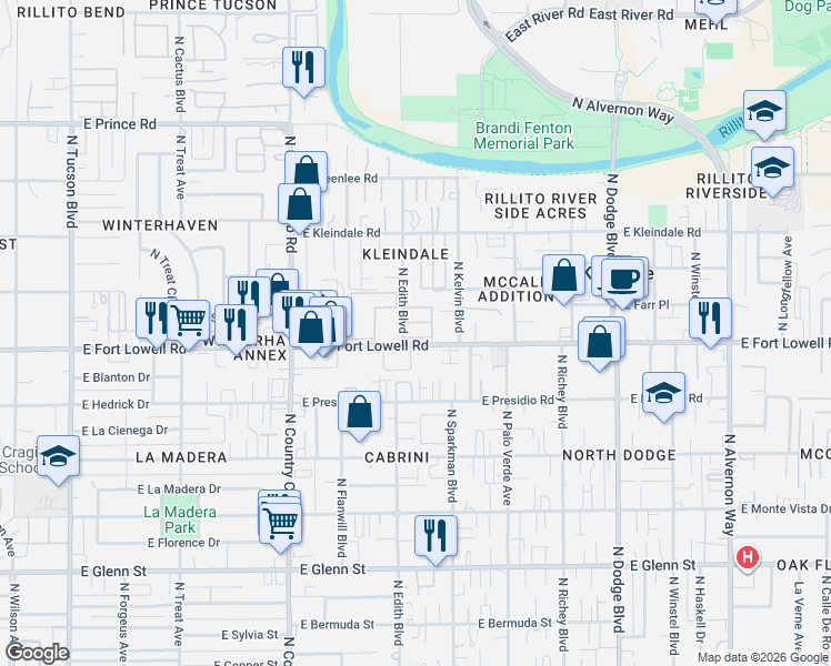 map of restaurants, bars, coffee shops, grocery stores, and more near 3317 East Fort Lowell Road in Tucson