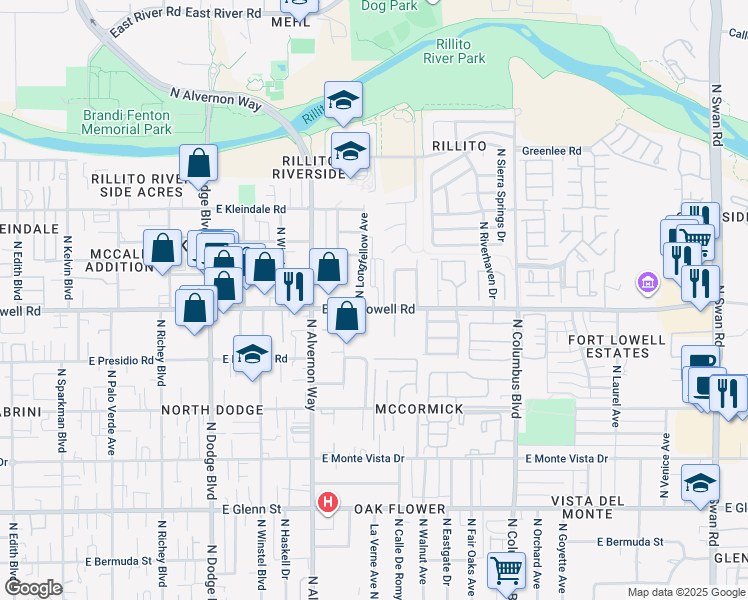 map of restaurants, bars, coffee shops, grocery stores, and more near 4015 East Fort Lowell Road in Tucson