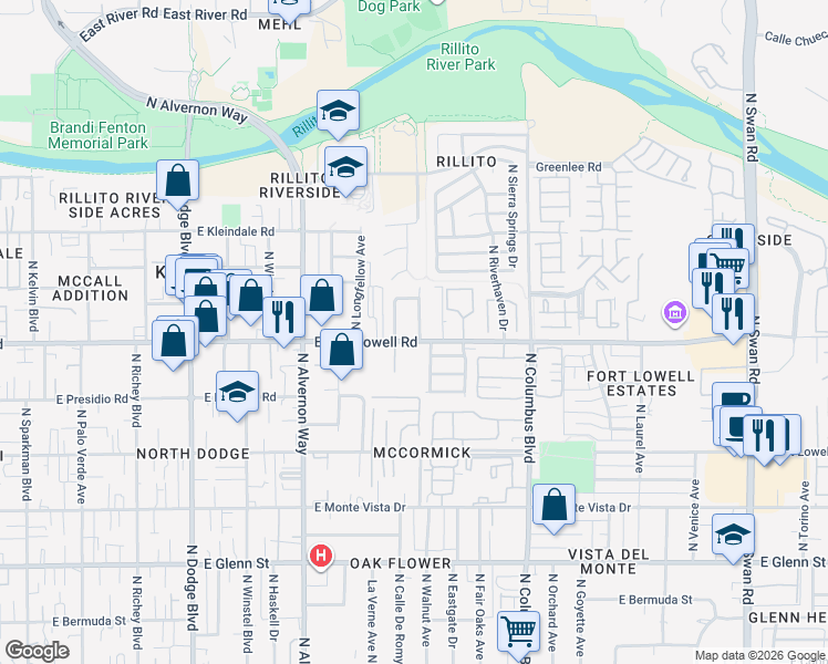 map of restaurants, bars, coffee shops, grocery stores, and more near 4068 East Fort Lowell Road in Tucson