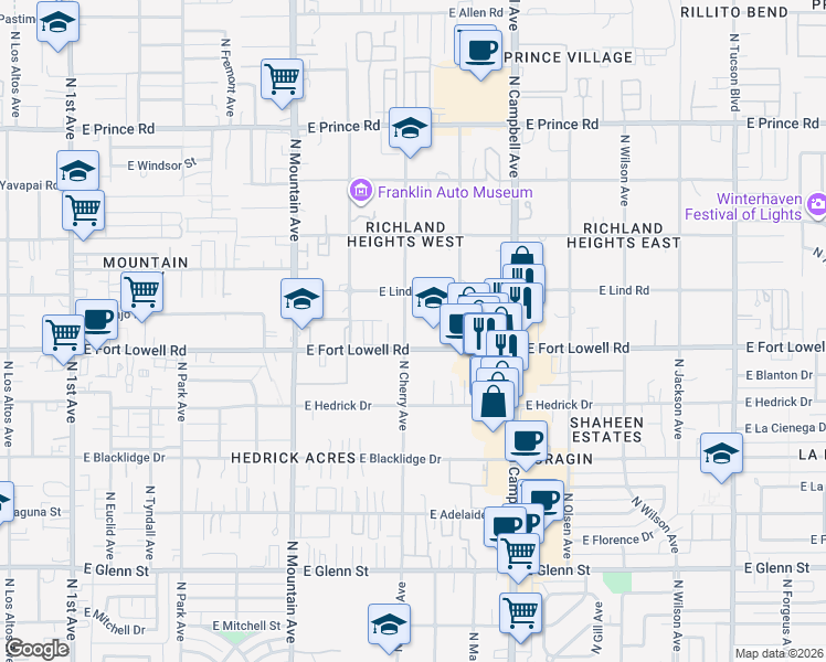 map of restaurants, bars, coffee shops, grocery stores, and more near 3204 North Cherry Avenue in Tucson