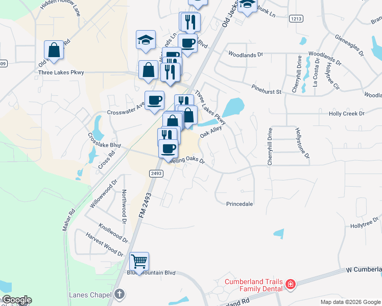map of restaurants, bars, coffee shops, grocery stores, and more near 2176 Dueling Oaks Drive in Tyler