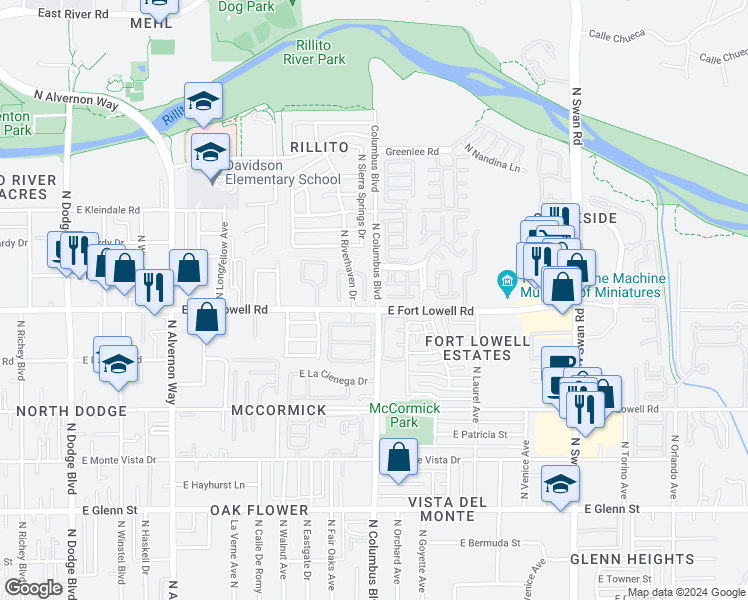 map of restaurants, bars, coffee shops, grocery stores, and more near 3401 North Columbus Boulevard in Tucson