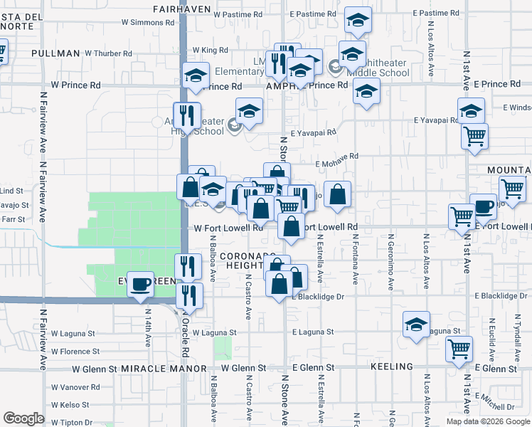 map of restaurants, bars, coffee shops, grocery stores, and more near 90 West Fort Lowell Road in Tucson