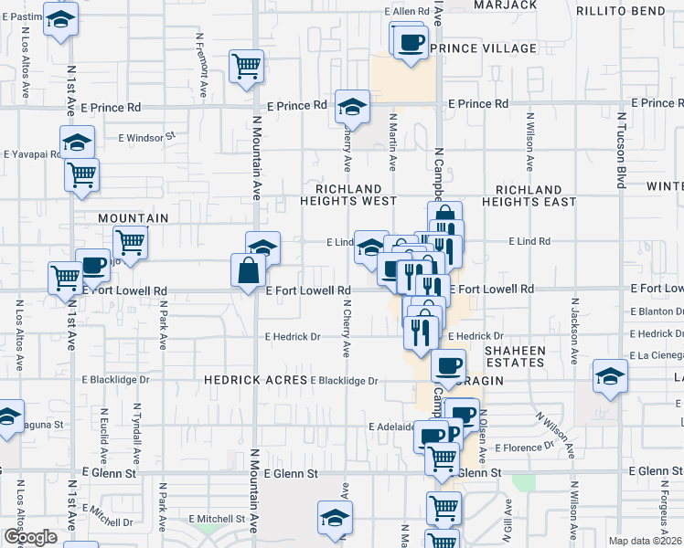 map of restaurants, bars, coffee shops, grocery stores, and more near 1517 East Fort Lowell Road in Tucson