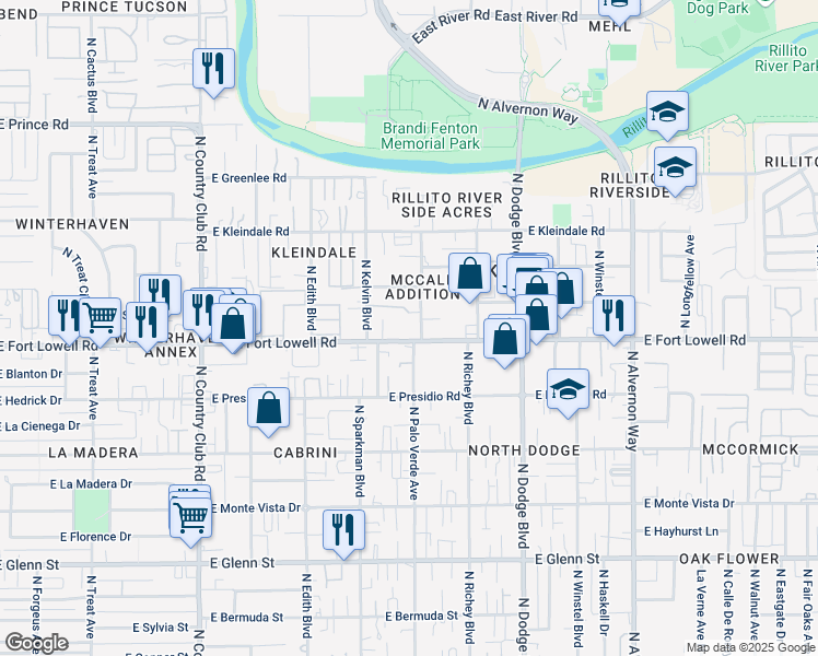 map of restaurants, bars, coffee shops, grocery stores, and more near in Tucson