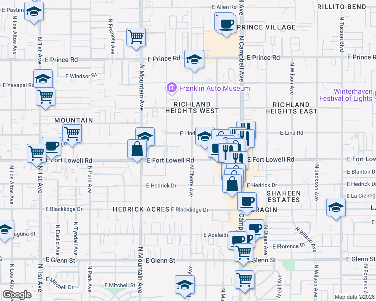 map of restaurants, bars, coffee shops, grocery stores, and more near 1517 East Fort Lowell Road in Tucson