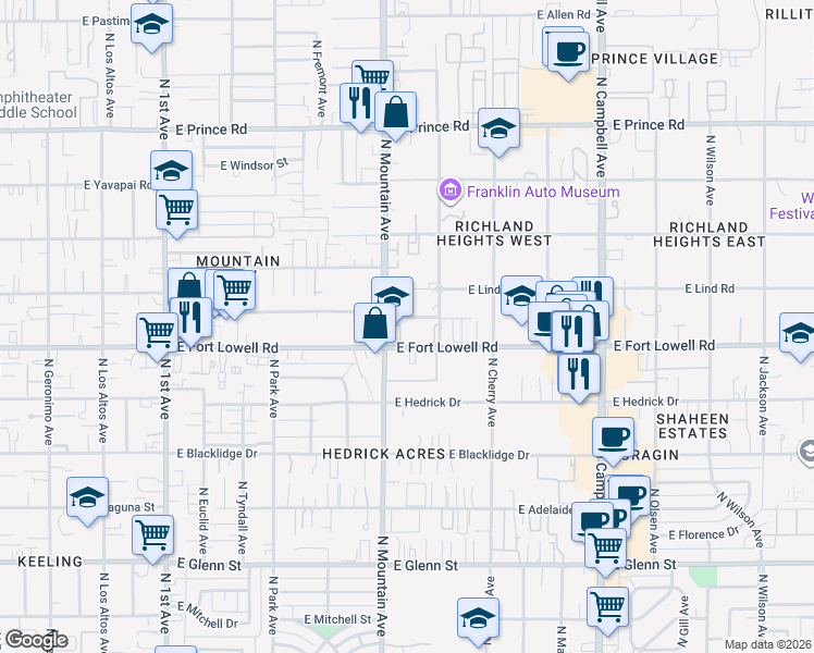 map of restaurants, bars, coffee shops, grocery stores, and more near in Tucson