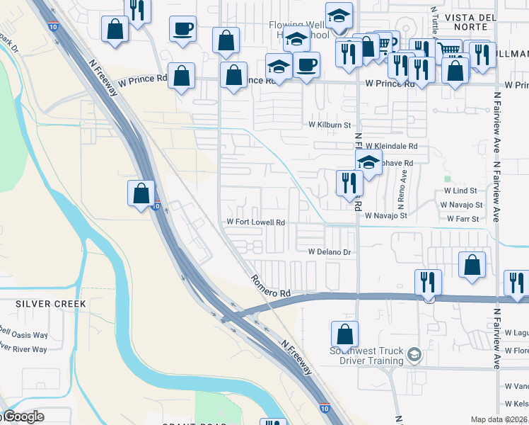 map of restaurants, bars, coffee shops, grocery stores, and more near 1622 West Fort Lowell Road in Tucson